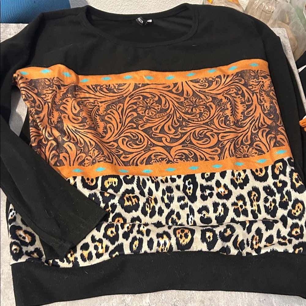 Crazy train western sweater black and Orange Patterned Sweater